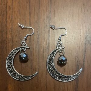 Silver Crescent Moon with Crystal bead Earrings